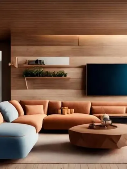 A modern living room with a unique color combination of blue and terracotta. The wood-panelled walls and ceiling create a warm and cohesive look.