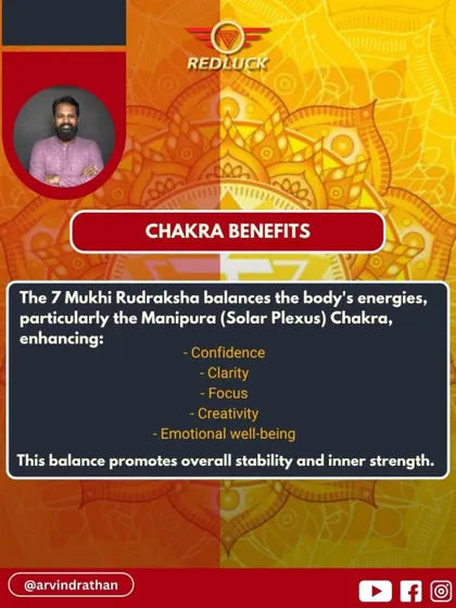 The 7 Mukhi Rudraksha helps balance the Manipura (Solar Plexus) Chakra. This enhances confidence, clarity, focus, and creativity, promoting overall emotional well-being and inner strength.