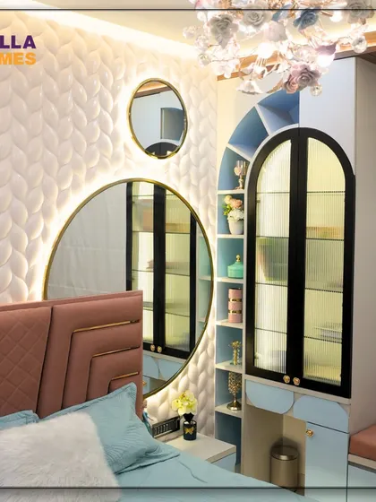 A detail shot of the teenager's room, showing the elegant round mirrors and the custom-built vanity unit with arched glass cabinets.