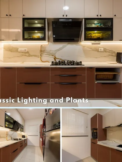 A collage of a beautiful kitchen with brown and white cabinets, marble-finish backsplash, and classic lighting, creating a warm and practical space.