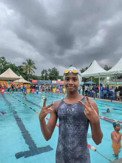 Rishmika R celebrating her bronze medal win.