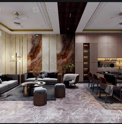 The full view of the DLF lobby and dining area, showing how the same marble and brass theme is carried through the space to create a cohesive and grand statement.