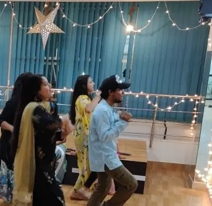 The studio was decorated with lights for Diwali, creating a magical atmosphere for our celebration.