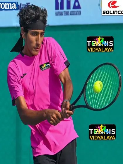 A powerful action shot celebrating Aarjun's run to both the singles and doubles finals in Nairobi.