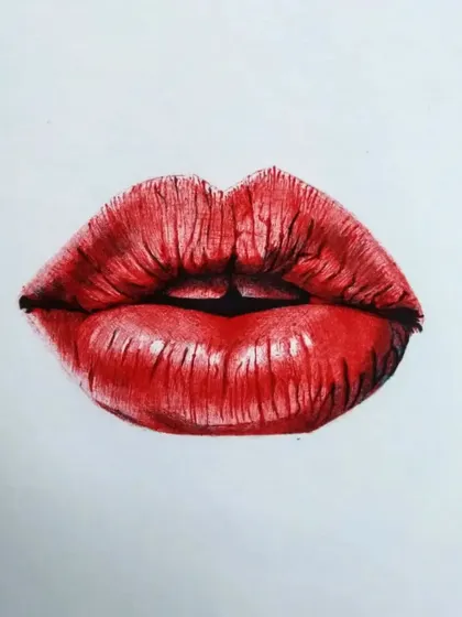 An experimental sketch of lips using red and green ballpoint pens. This study was about understanding how to create highlights and shadows with colored ink.