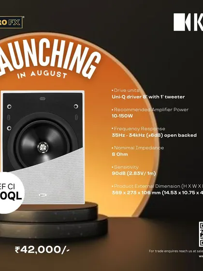 Another look at the upcoming KEF Ci 200QL, set to launch in August. This graphic highlights its key specifications, including the Uni-Q driver and recommended amplifier power, promising an ultimate audio experience.