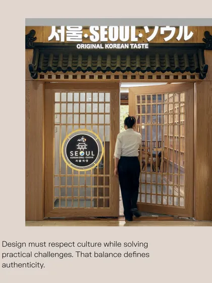 The entrance to Seoul Restaurant sets the stage for the entire dining narrative. We designed traditional latticed wooden doors under a classic tiled roof to create an authentic threshold, inviting guests to step out of the everyday and into a carefully crafted cultural experience.