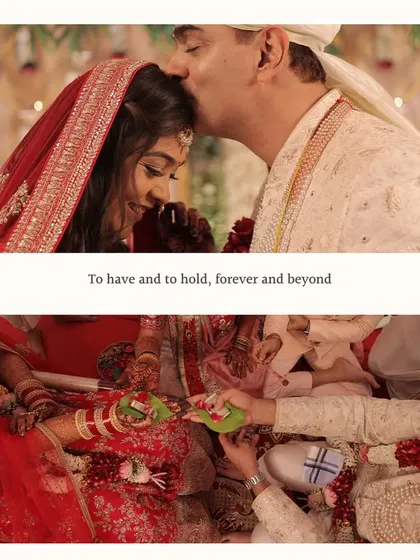 A story in two frames. The top shows the tender promise of a forehead kiss, while the bottom captures the sacred ritual of their union, encapsulating the essence of their wedding.
