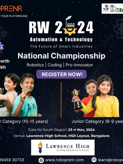 An announcement for the RW 2024 National Championship, inviting junior and senior category participants to register. These competitions are designed to test skills in robotics, coding, and innovation.