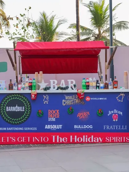 A daytime view of our Christmas-themed bar, fully stocked and ready for the day. We ensure our bar is always presentable and inviting.