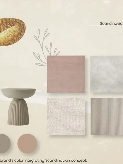 This mood board showcases a Scandinavian design concept. It combines a neutral color palette with natural materials like light wood and stone to create a serene, minimalist, and functional aesthetic.