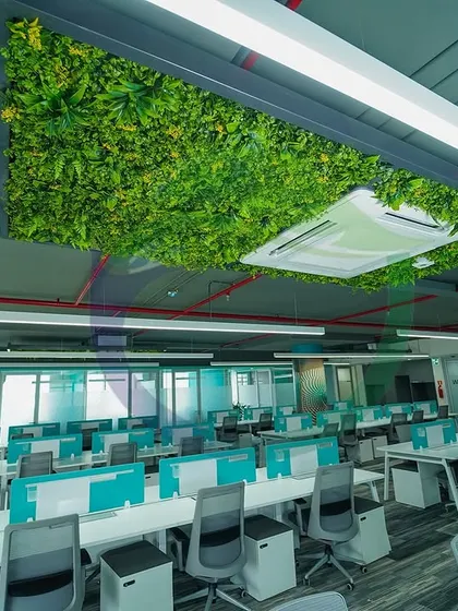 In this large open-plan office, we installed a green ceiling panel above the workstations. This not only adds a splash of nature but also helps with acoustics, absorbing sound in a busy environment.