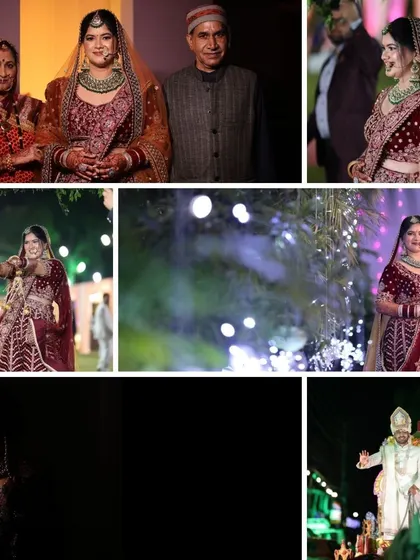 A collage capturing various moments from the wedding ceremony. It shows the bride's entrance, moments with her parents, and the overall festive atmosphere of the event.