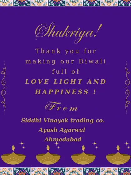 A custom 'Shukriya' thank you card we designed for a client from Ahmedabad. We love adding these personal touches to make your Diwali gifting feel unique to you.