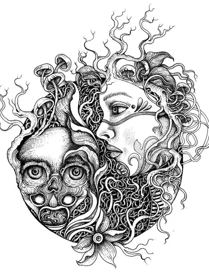 A clean, scanned version of the finished woman and skull piece.