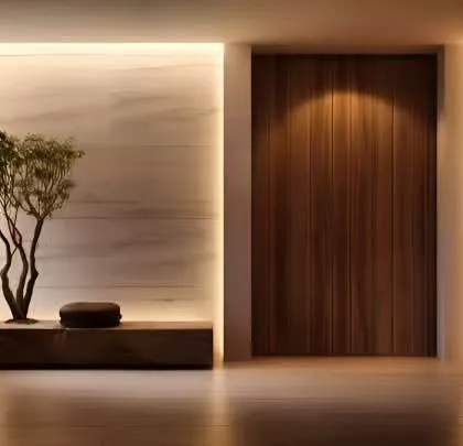 A minimalist and zen-inspired entryway. The design features a low wooden bench with a small tree, illuminated by soft, indirect lighting for a tranquil atmosphere.