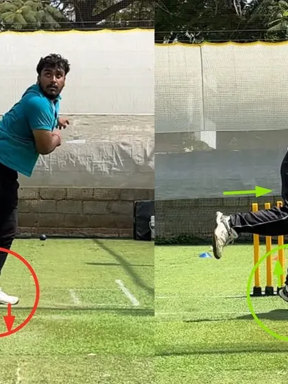 This before and after highlights the improvement in the off spinner's finish. By correcting the front leg collapse, we enabled a complete weight transfer and a powerful body finish.