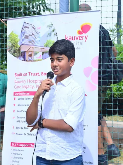 With confidence and a microphone in hand, Mokshith Reddy addresses the crowd at his signing. I encourage my young athletes to be leaders and confident communicators both on and off the court.