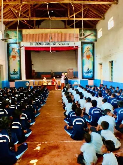 Inside the hall at Shri Bhadrakali English Medium School in Gokarna. Our awareness sessions cover key topics like mass vaccination, rabies prevention, and the importance of One Health for all living beings.