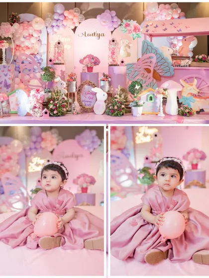 A collage showing the birthday girl, Aadya, in her beautiful pink dress, posing in front of her magical fairytale-themed decor.