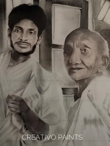 I love bringing old memories back to life. This piece is a detailed charcoal sketch I created from a client's cherished old photograph, preserving a precious moment in a timeless black and white portrait.