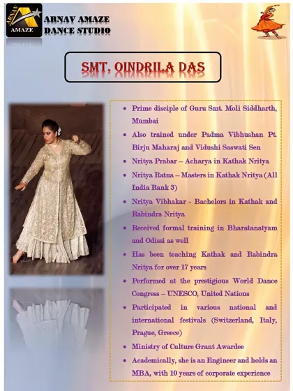 A detailed profile of our Kathak Guru, Smt. Oindrila Das, showcasing her training under legends like Pt. Birju Maharaj.