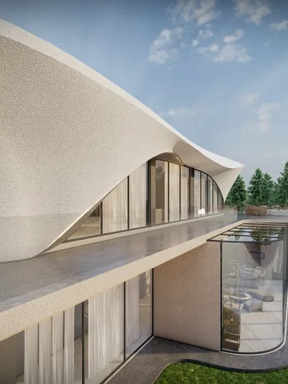 This render showcases a design where a sweeping, curved roof shelters a multi-level home with an expansive glass facade. The form is both protective and open, allowing light to permeate deep into the living spaces.