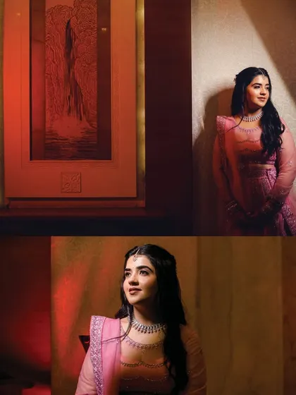 A collage of the bride's portraits, capturing her elegance and grace from different angles. The warm, dramatic lighting adds a touch of magic to her bridal glow.