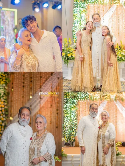 A collage of beautiful family moments from a 50th-anniversary celebration, showing the happy couple with their children and grandchildren.