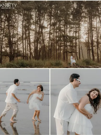 A collage showing the contrast between a wide, scenic shot in the coastal forest and fun, candid moments of the couple playing in the waves.