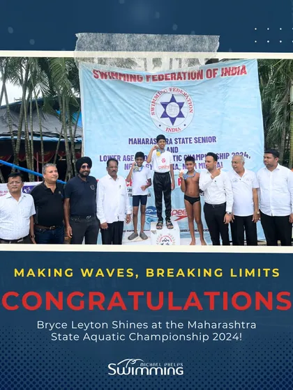 This graphic celebrates Bryce Leyton's achievements at the Maharashtra State Aquatic Championship. He secured a silver medal in breaststroke and the 200m IM relay, along with strong finishes in backstroke, freestyle, and butterfly, showcasing his versatility as a competitive swimmer.
