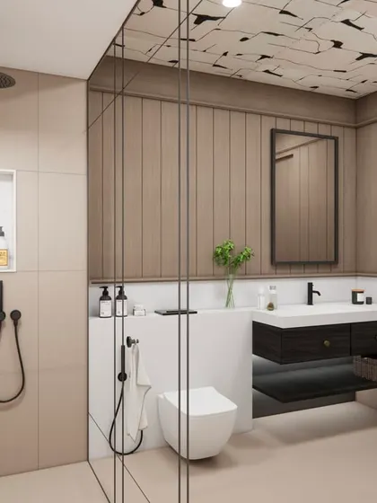 A bathroom can be a modern retreat. In this 3D visualization, I explored the balance of a warm, calm canvas with unapologetically bold details. Matte black fixtures provide a sculptural edge against soft beige tiles and a dramatic floating vanity, showing clients the vision before we build.