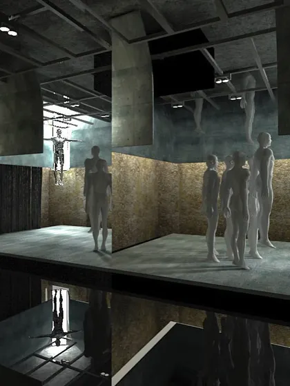 An early digital rendering of the Gaurav Gupta store concept. This visualization was a key part of the design process, used to study the spatial relationships between the mirrored surfaces, concrete forms, and the placement of mannequins.