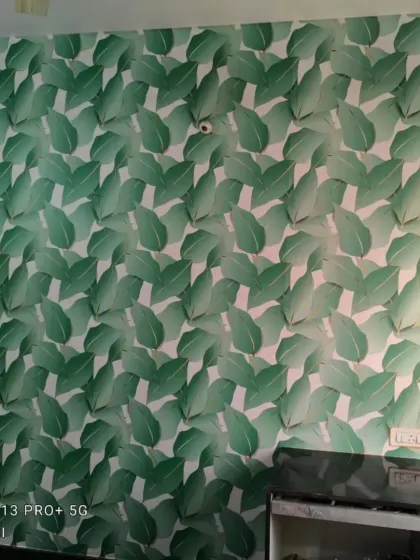 Another wall with the bright green leaf wallpaper.