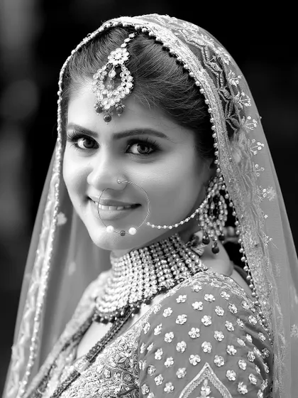A timeless black and white bridal portrait. This classic style emphasizes the bride's expression and the beautiful details of her attire and jewelry without the distraction of color.