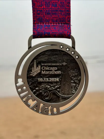 The finisher medal from the Bank of America Chicago Marathon. Another World Major ticked off the list for our Be Fit family.