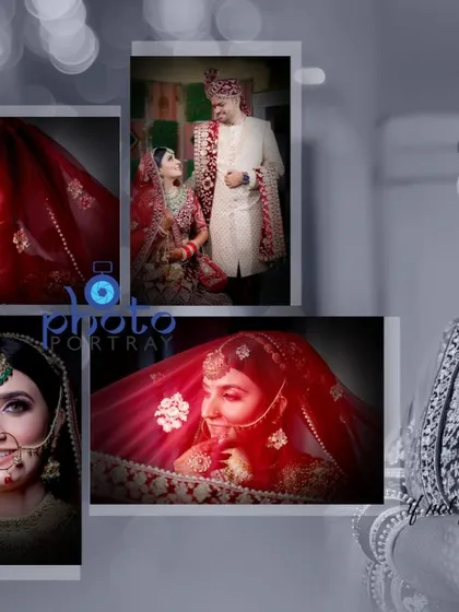 A creative album layout with a mix of black and white and color portraits of the bride.