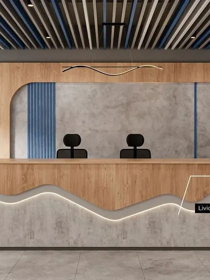We used a unique Livid Krakato laminate from Merino to create this custom reception desk. The wavy, illuminated design element adds a creative and dynamic touch, showcasing how we use innovative materials to make a statement.