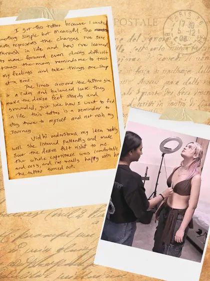 Soumya's handwritten story about her moth tattoo, representing personal change, trusting her feelings, and staying grounded.