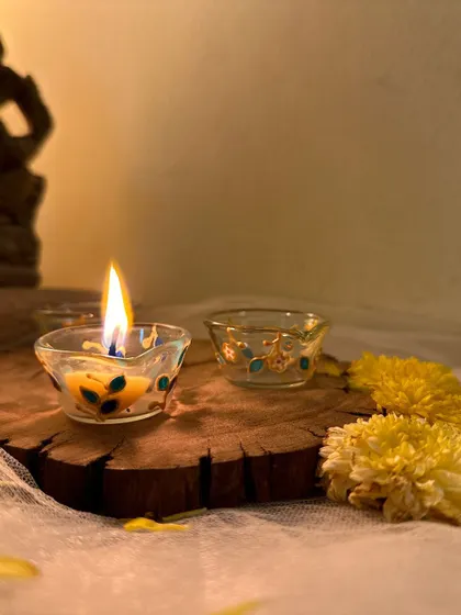 Another shot of the delicate, hand-painted glass diyas, perfect for the festival of lights.