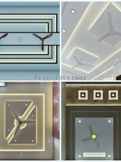 A collection of viral false ceiling designs for living rooms, all featuring stylish and modern ways to incorporate fans.