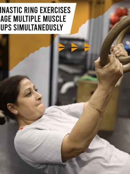 Ring rows are a perfect example of how gymnastic ring exercises engage multiple muscle groups. This is a great scaling option for pull-ups and builds a strong back and solid grip.