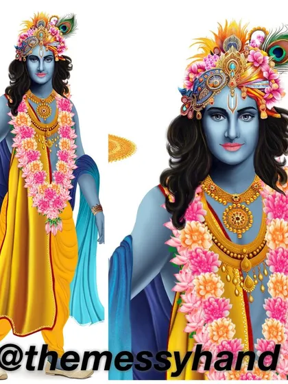 A composition showing both the full-length and a close-up view of the digital Krishna painting. This highlights the level of detail in the face and adornments.