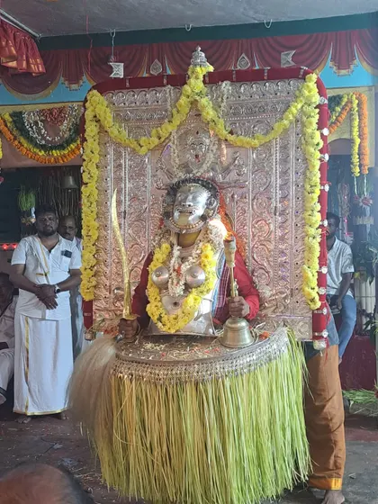 The fully costumed Dhumavati daiva, an androgynous deity with both male and female attributes, a unique aspect of this particular Kola.
