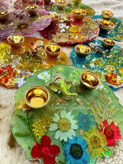 A collection of my floral puja thalis, ready for bulk orders. They are an affordable and unique return gift option.