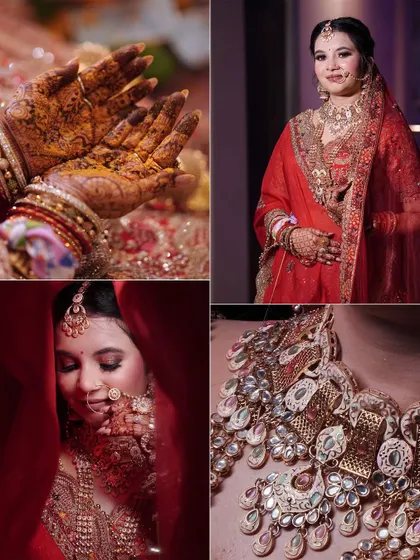 An album page showcasing the beautiful details of the bride's look, including her henna, jewelry, and expressions.