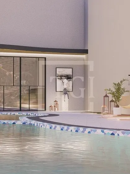 Another view of the Bhubaneswar hotel project, focusing on the poolside lounge area with modern hanging chairs and minimalist decor.