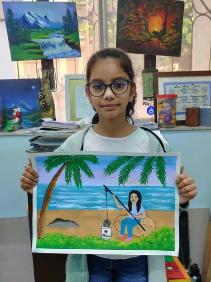A peaceful beach scene with a girl fishing, created with lovely details like the palm tree and the waves.