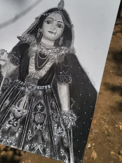 A detailed close-up of the Radha Rani sketch, focusing on the expression and the delicate features of her face.