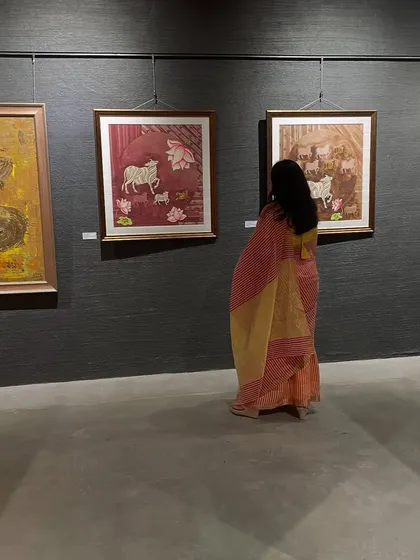 A quiet moment at the gallery, observing my Heritage series on display. Seeing the work hanging on the wall is the final step of the creative process, where the art begins its own conversation with the viewer.